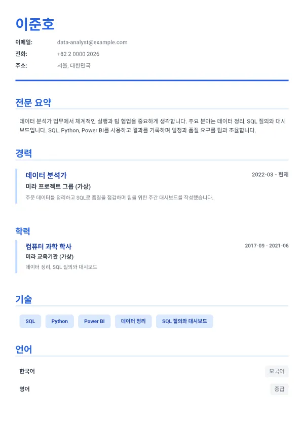 데이터 분석가 CV – 이그제큐티브 블루