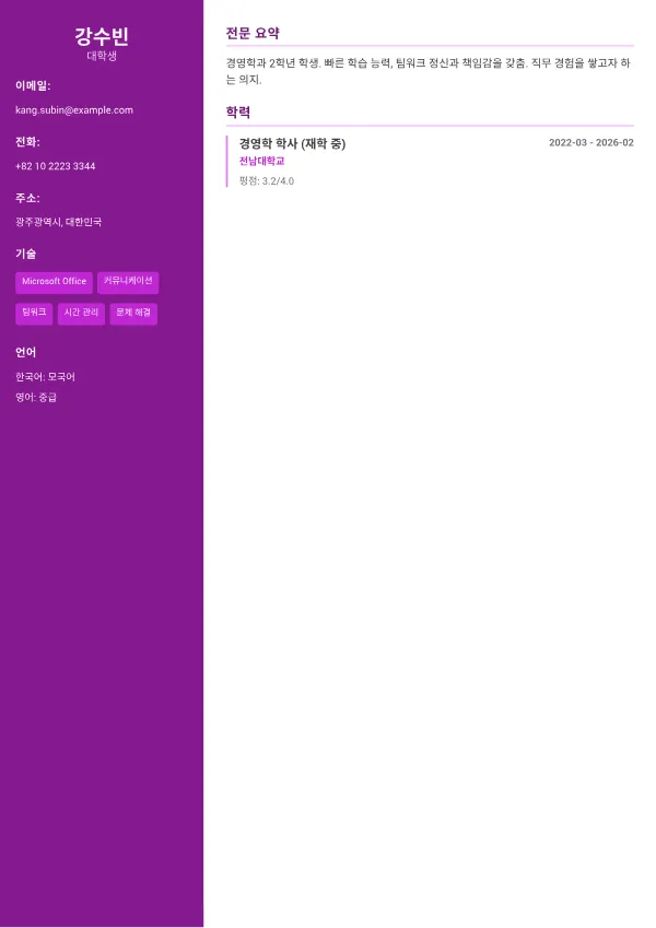 인턴 CV – 크리에이티브 액센트