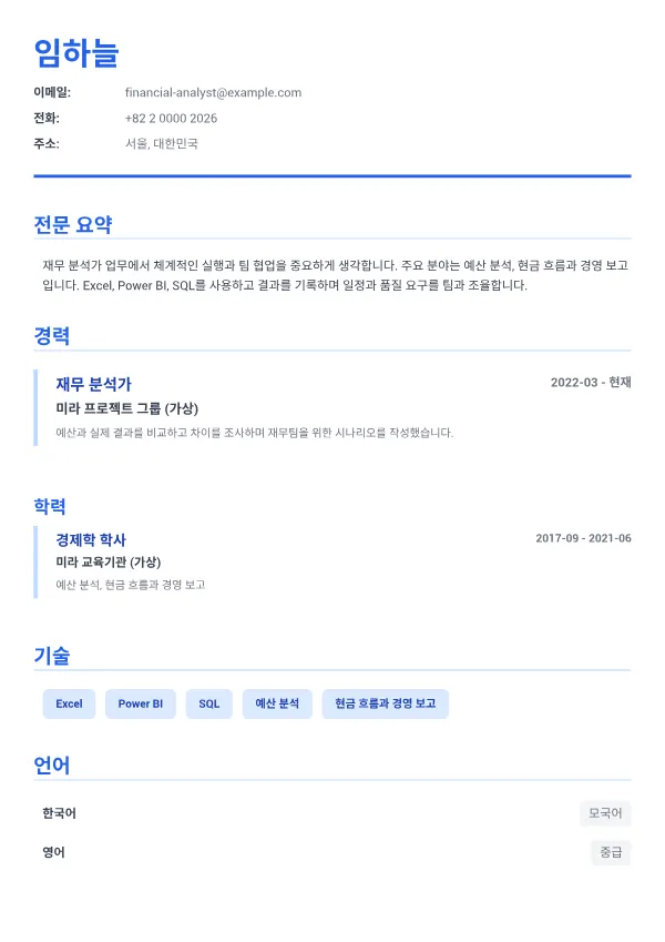 재무 분석가 CV – 이그제큐티브 블루