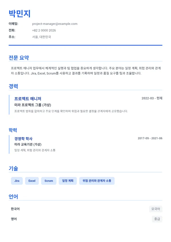 프로젝트 매니저 CV – 이그제큐티브 블루