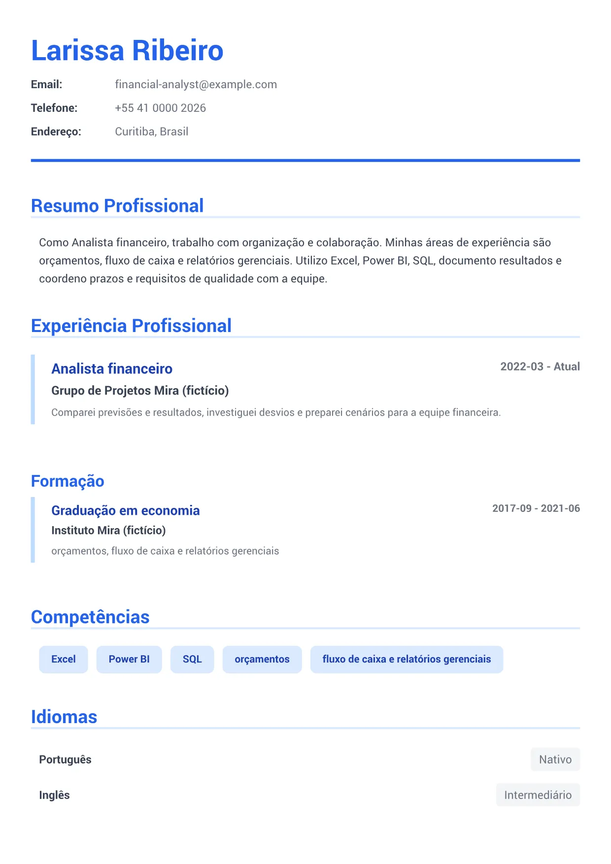 Exemplo de currículo de Analista financeiro – Azul Executivo (1/1)