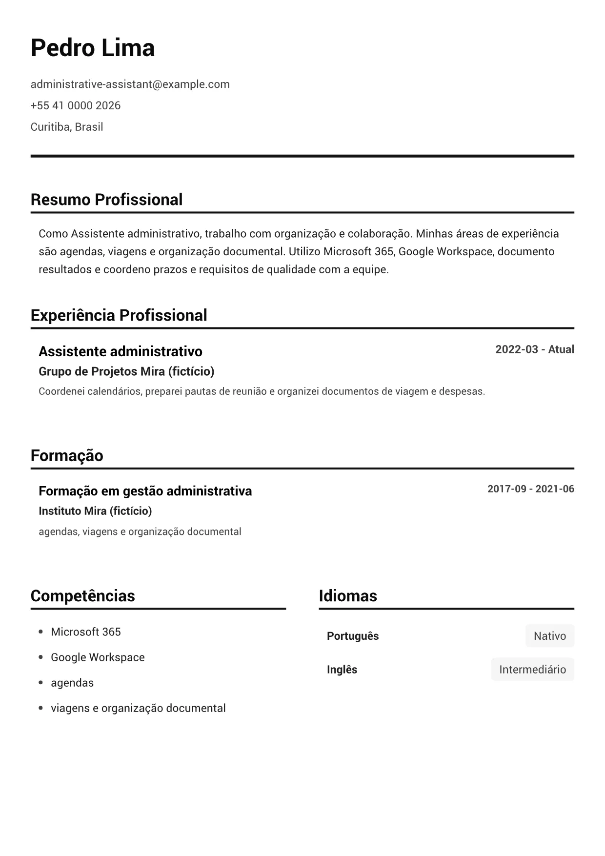 Exemplo de currículo de Assistente administrativo – Preto e Branco Claro (1/1)