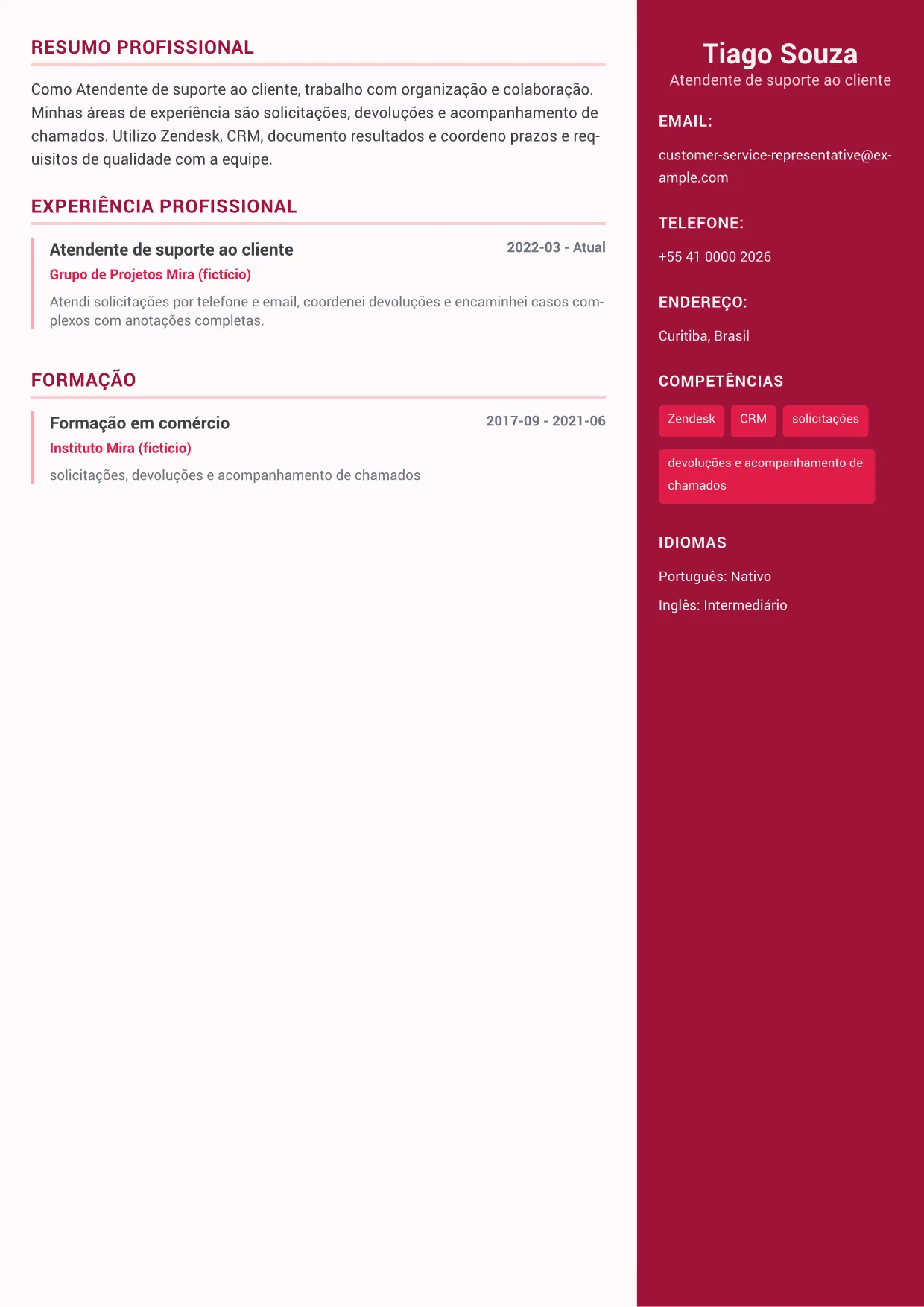 Exemplo de currículo de Atendente de suporte ao cliente – Sidebar Colorido Plus (1/1)