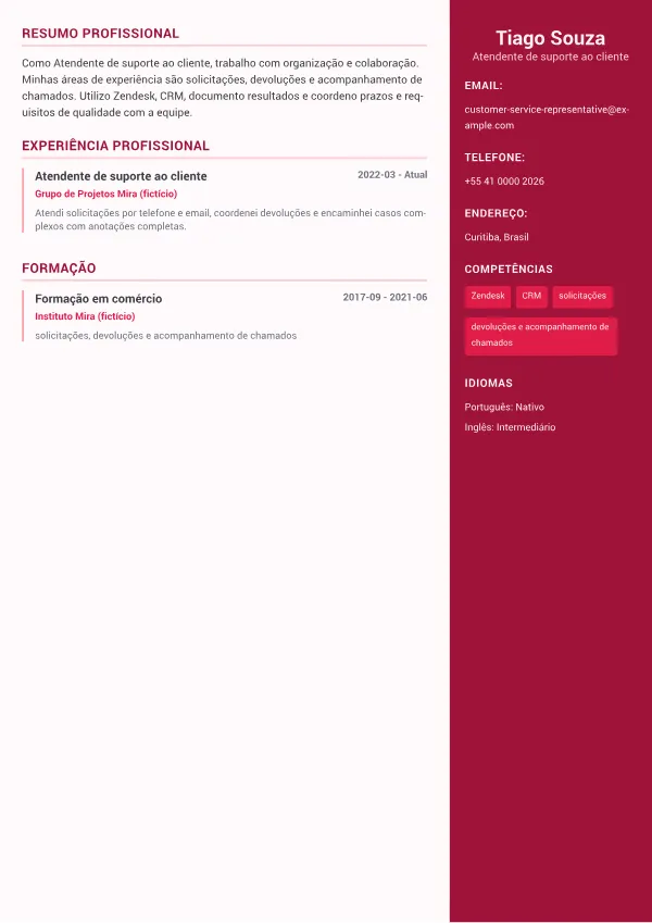 Atendente de suporte ao cliente CV – Sidebar Colorido Plus