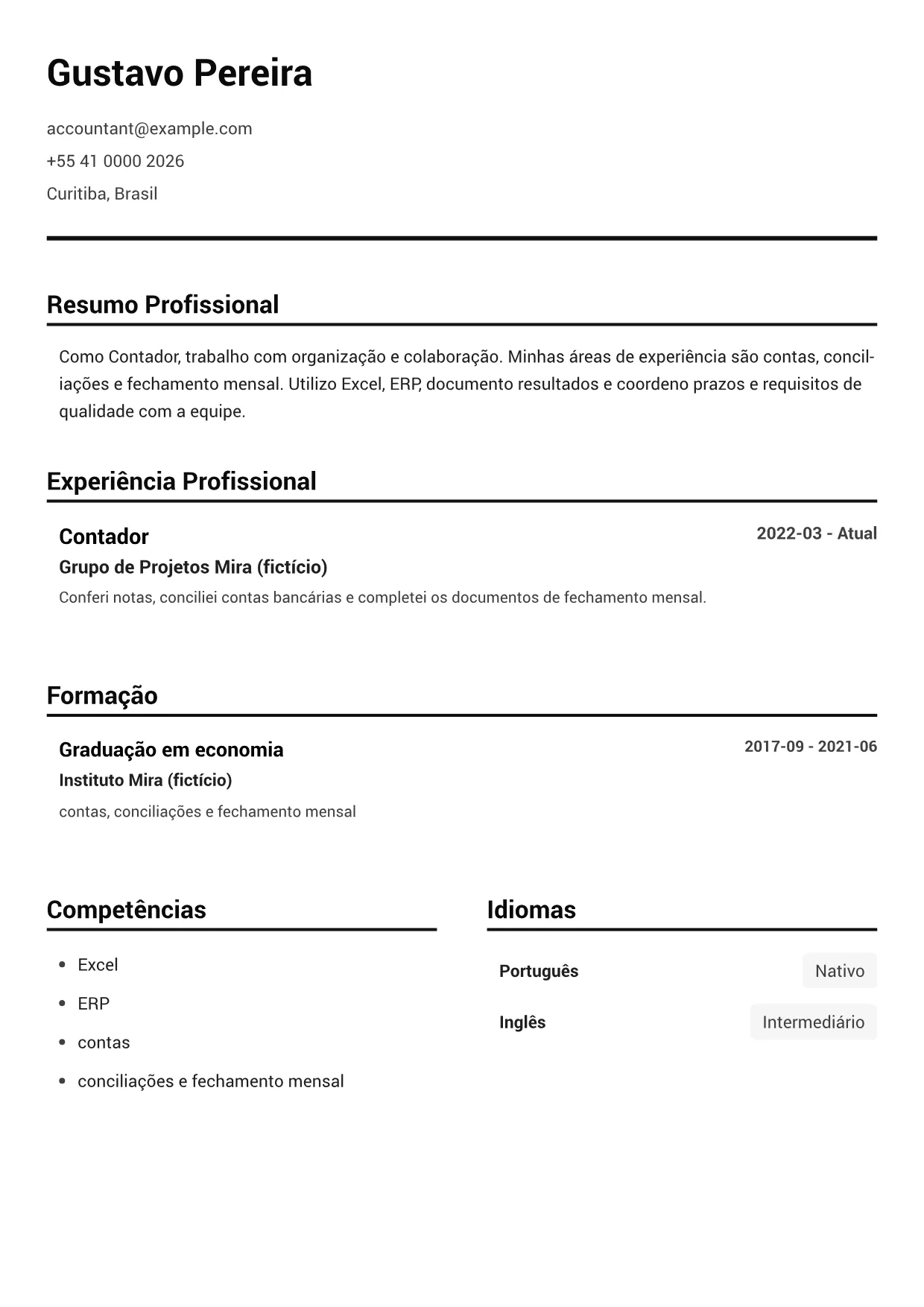 Exemplo de currículo de Contador – Preto e Branco Claro (1/1)