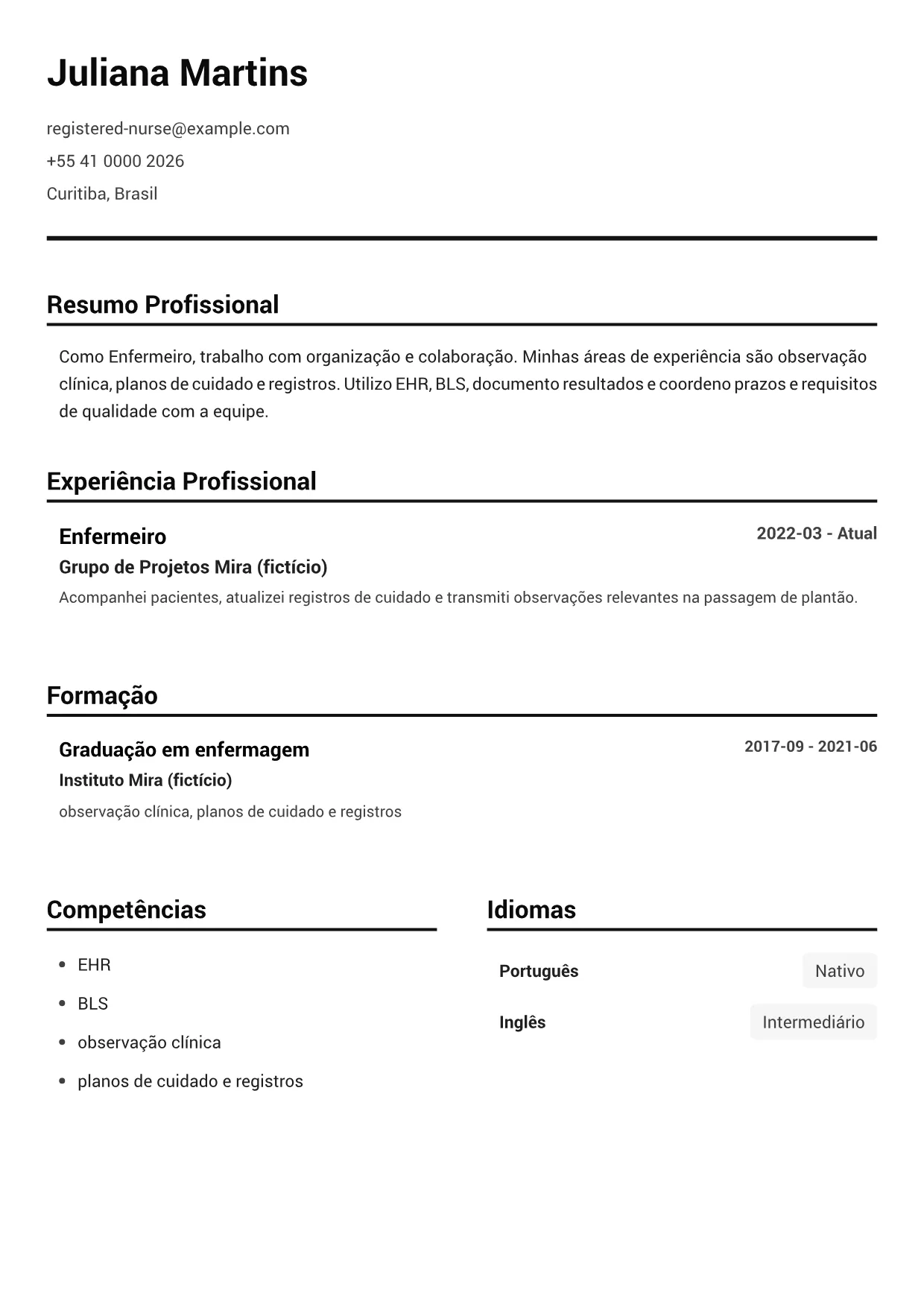 Exemplo de currículo de Enfermeiro – Preto e Branco Claro (1/1)