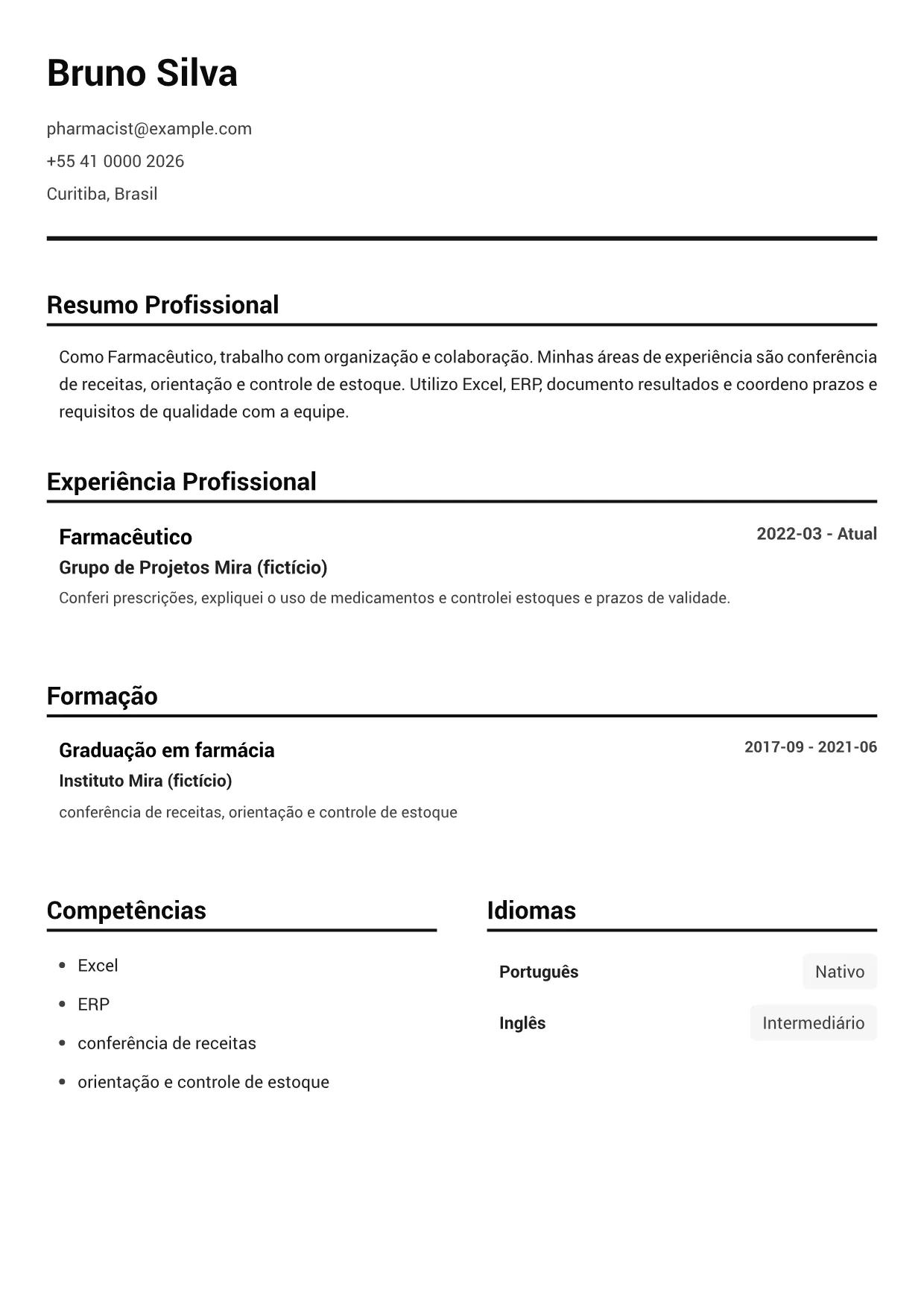 Exemplo de currículo de Farmacêutico – Preto e Branco Claro (1/1)