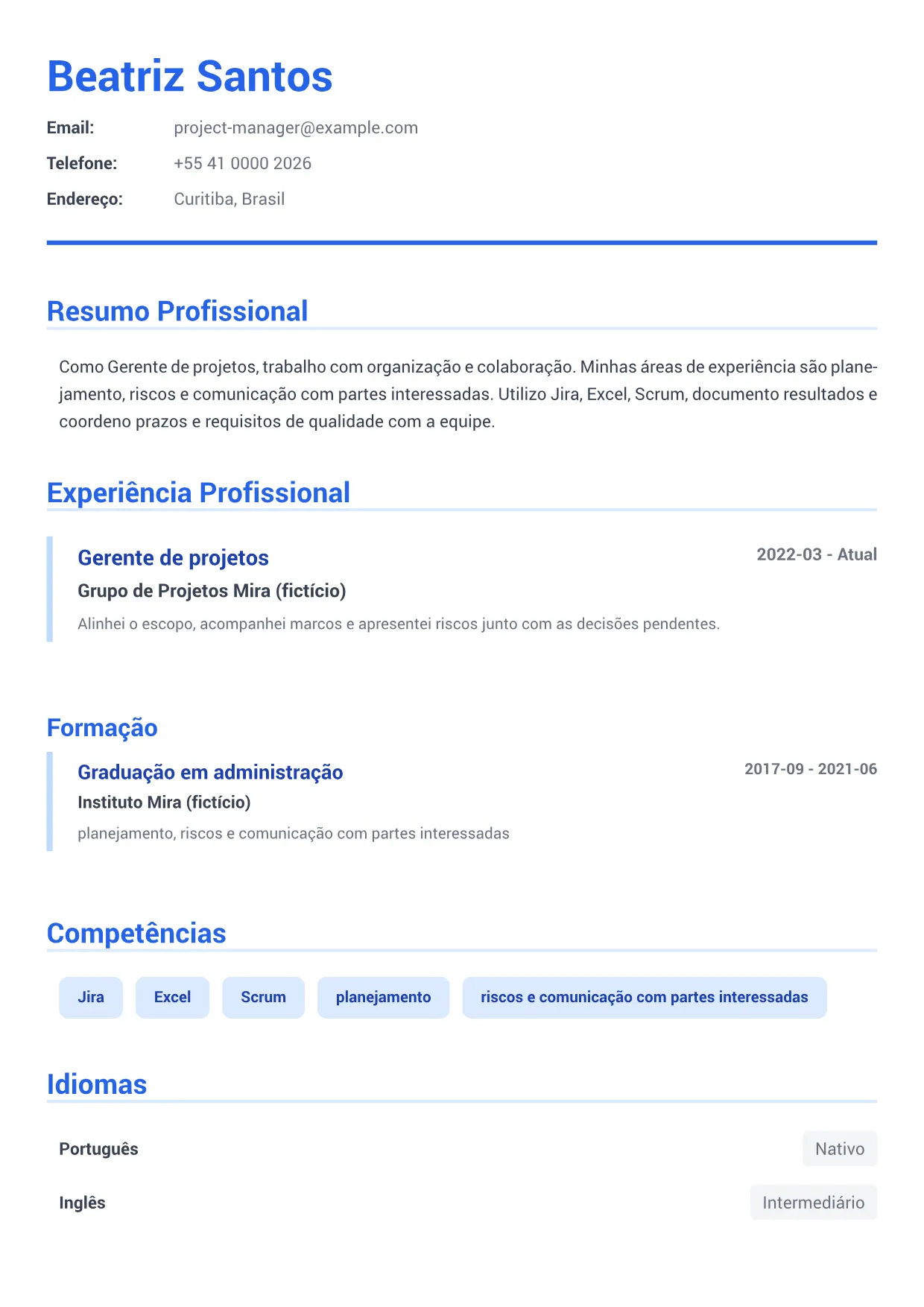 Exemplo de currículo de Gerente de projetos – Azul Executivo (1/1)