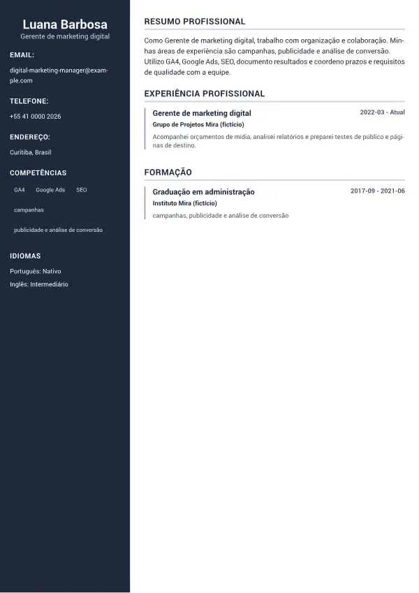 Gerente de marketing digital CV – Sidebar Profissional