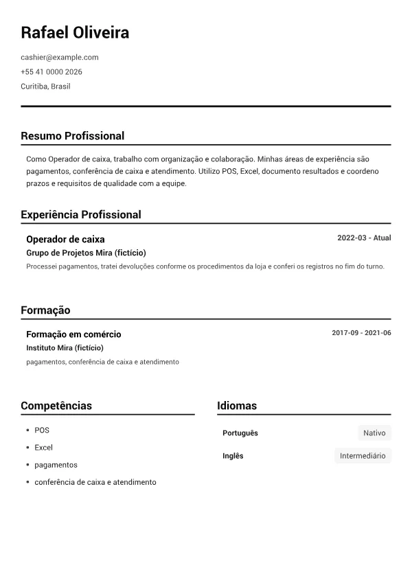 Operador de caixa CV – Preto e Branco Claro