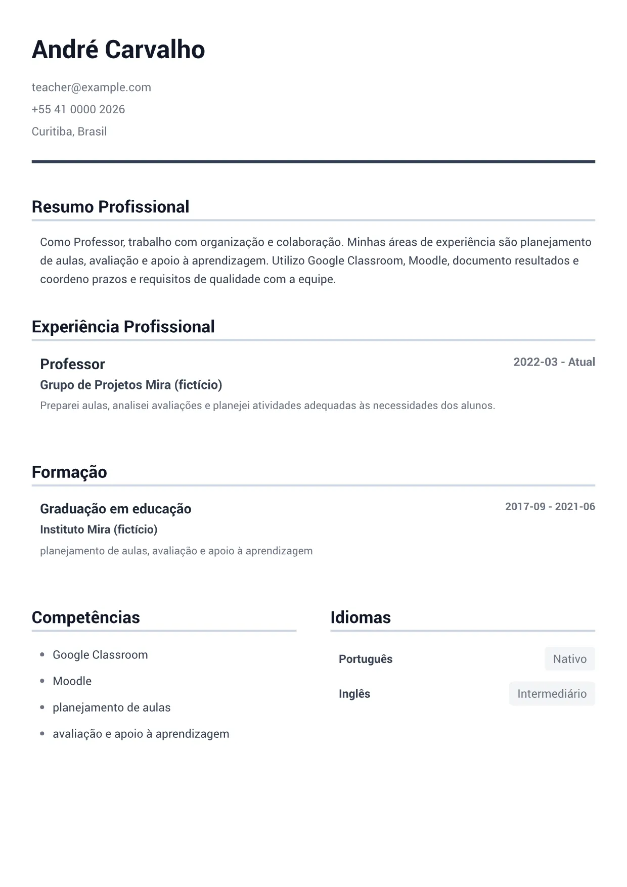 Exemplo de currículo de Professor – Cinza Minimal (1/1)