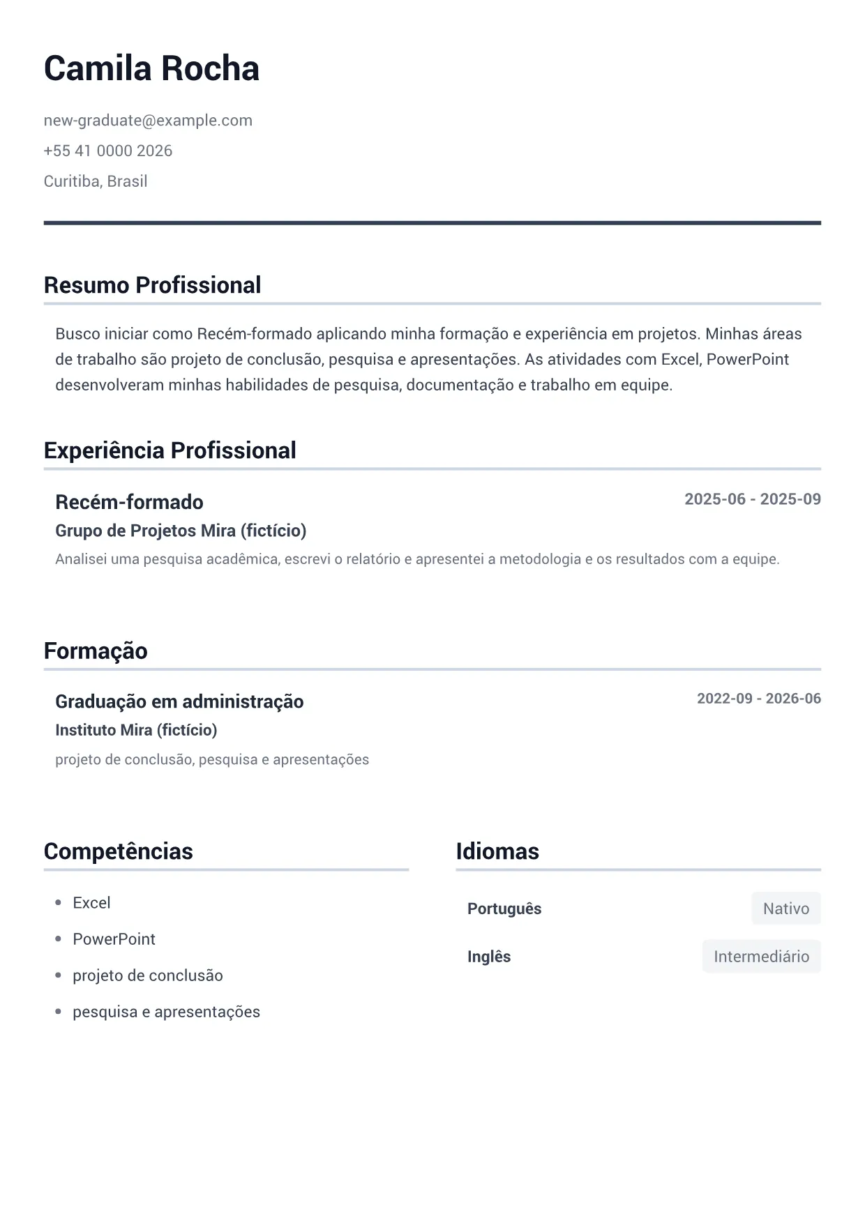 Exemplo de currículo de Recém-formado – Cinza Minimal (1/1)