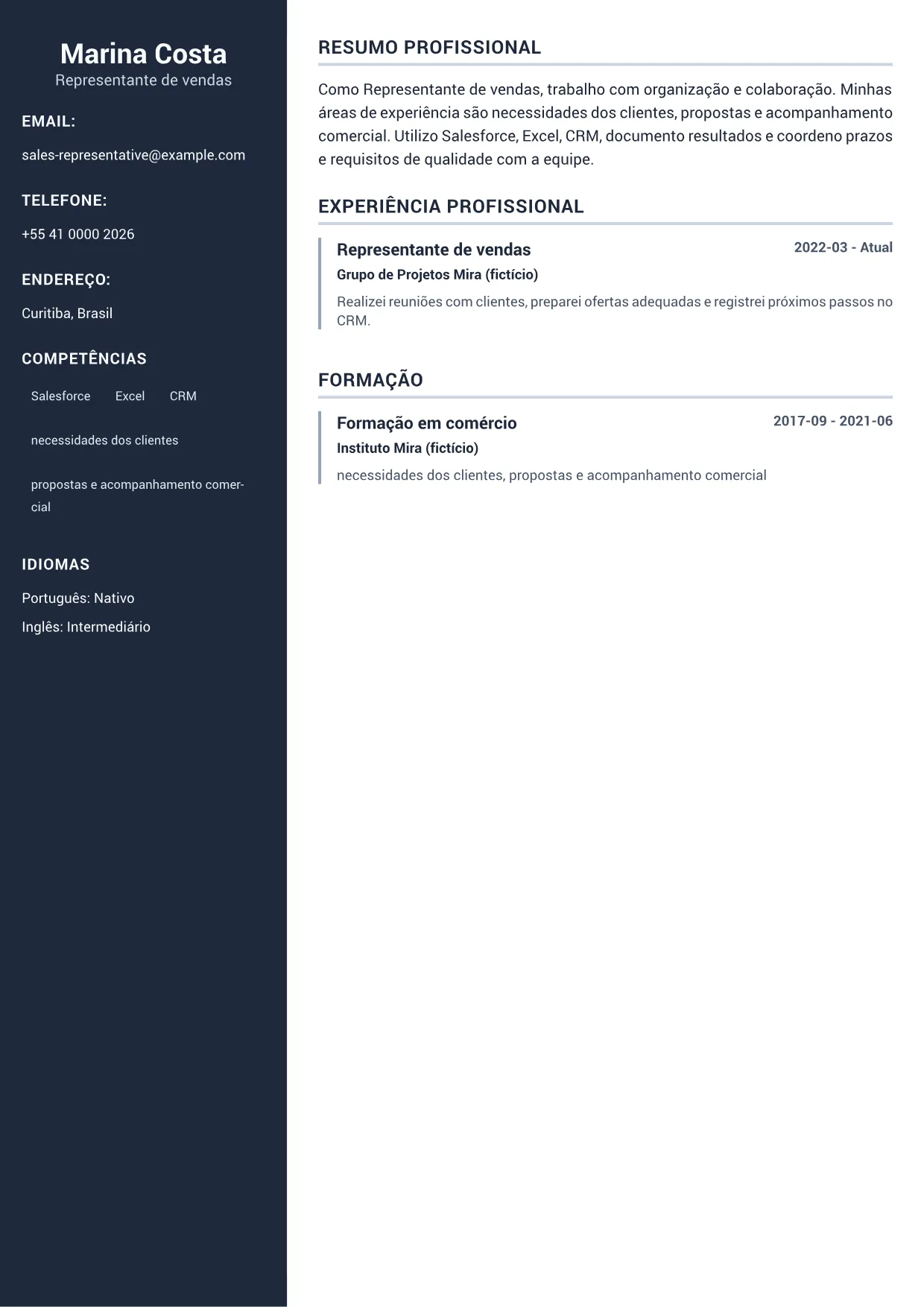 Exemplo de currículo de Representante de vendas – Sidebar Profissional (1/1)