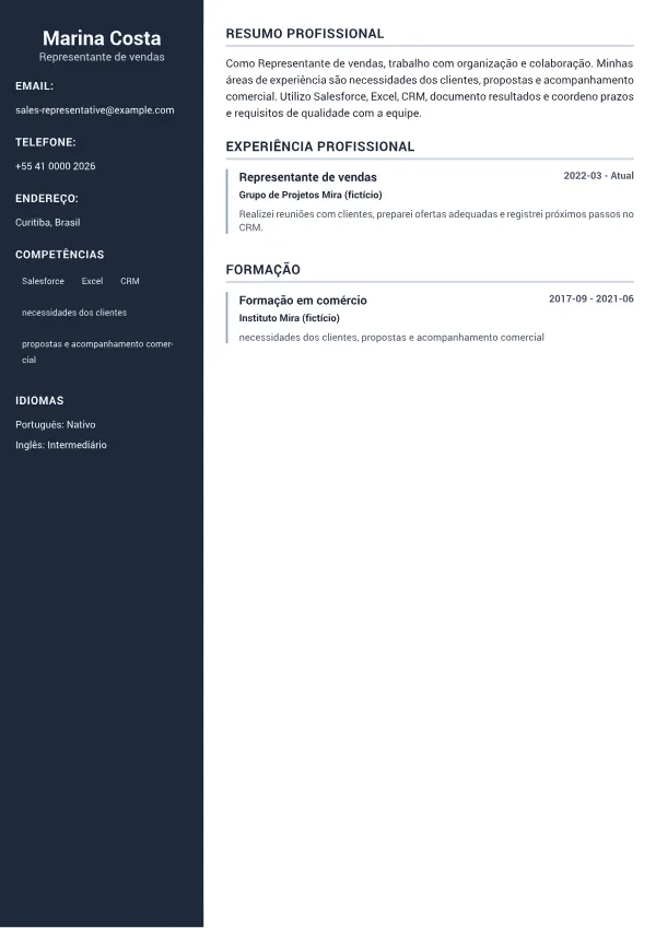 Representante de vendas CV – Sidebar Profissional