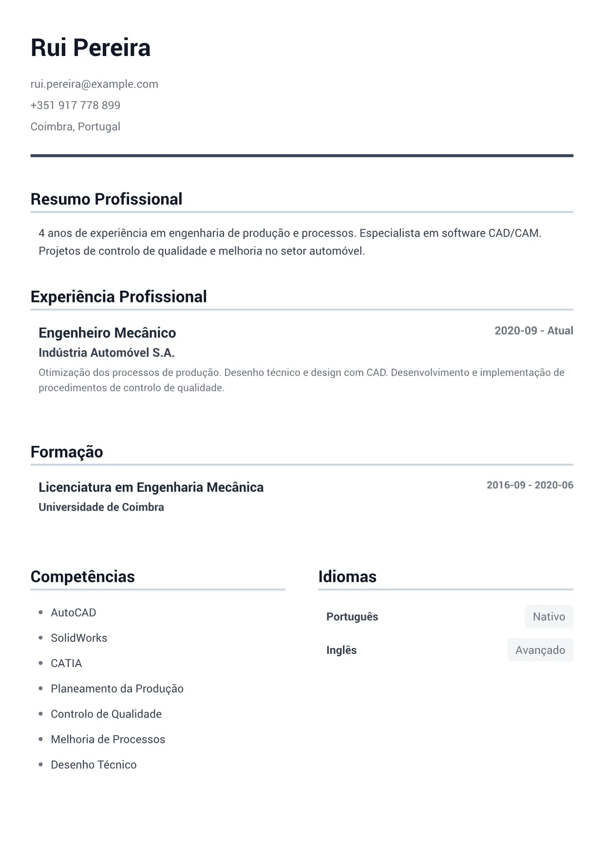 Exemplo de currículo de Engenheiro Mecânico – Cinza Minimal (1/1)