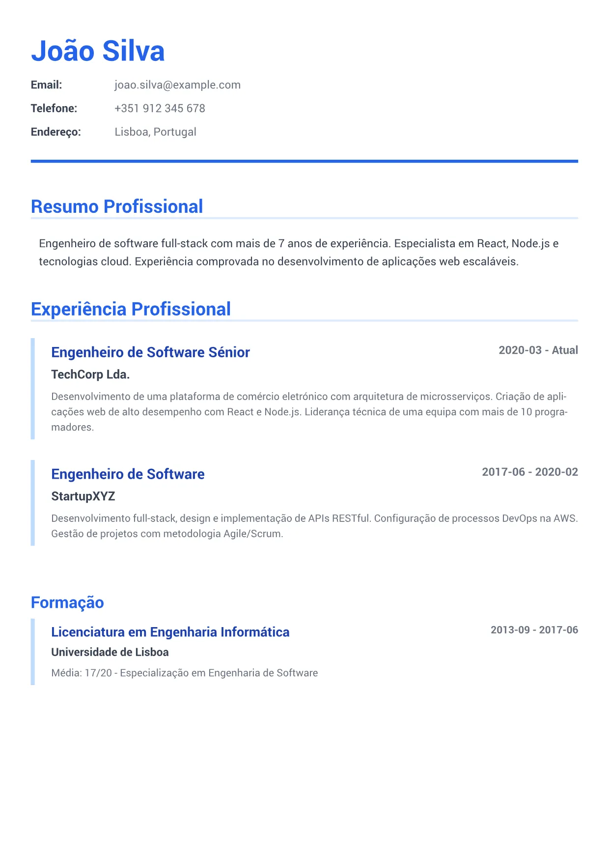 Exemplo de currículo de Engenheiro de Software – Azul Executivo (1/2)