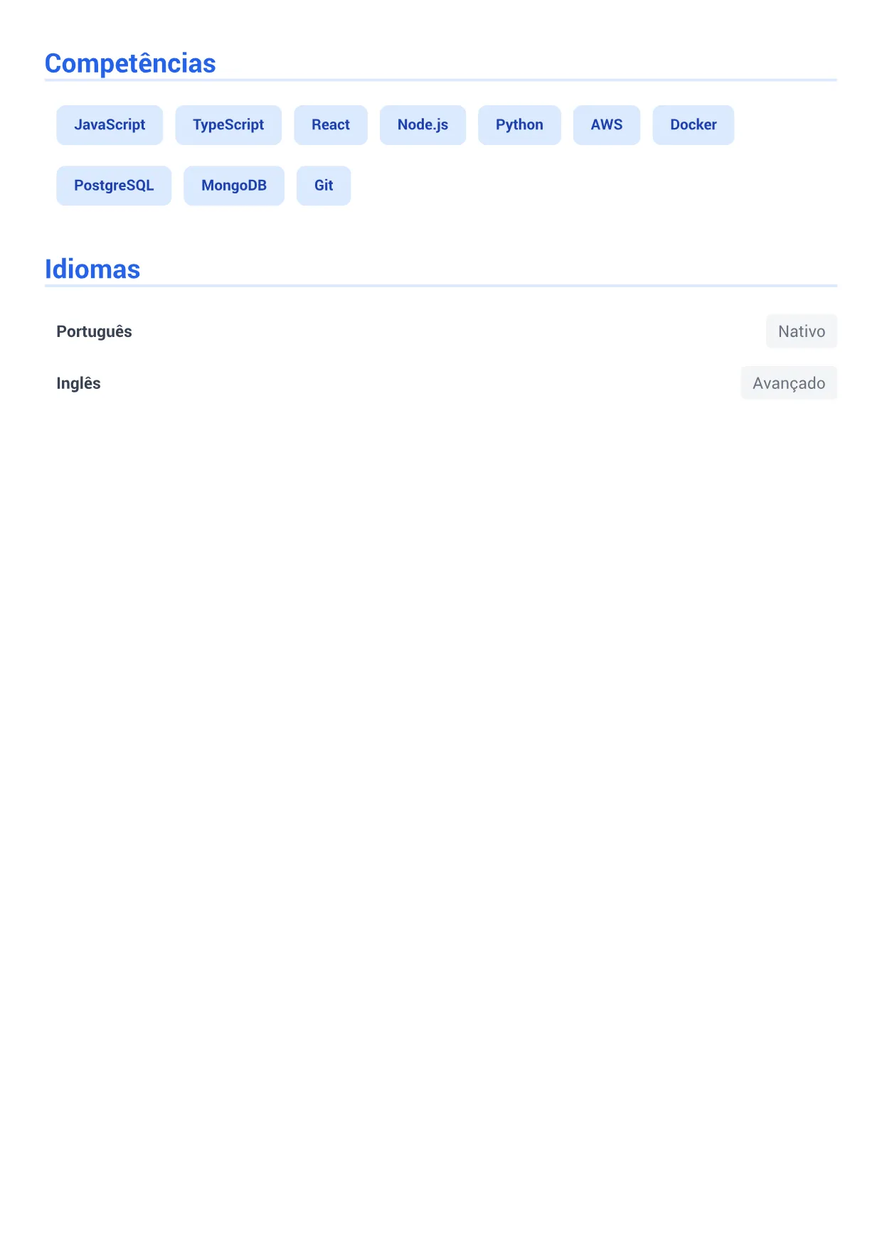 Exemplo de currículo de Engenheiro de Software – Azul Executivo (2/2)