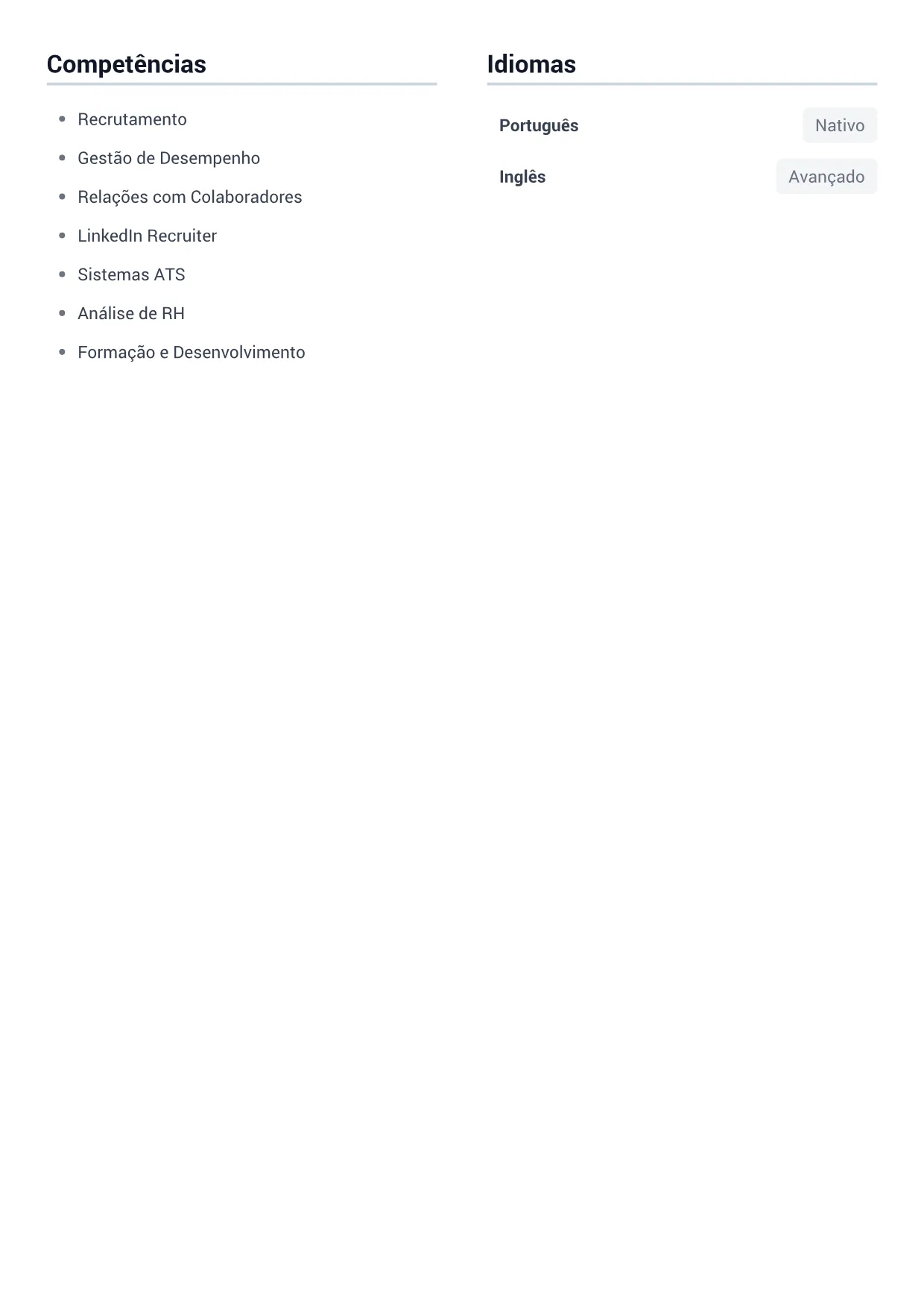 Exemplo de currículo de Especialista em Recursos Humanos – Cinza Minimal (2/2)