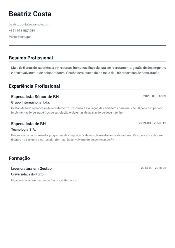 Especialista em Recursos Humanos CV – Cinza Minimal