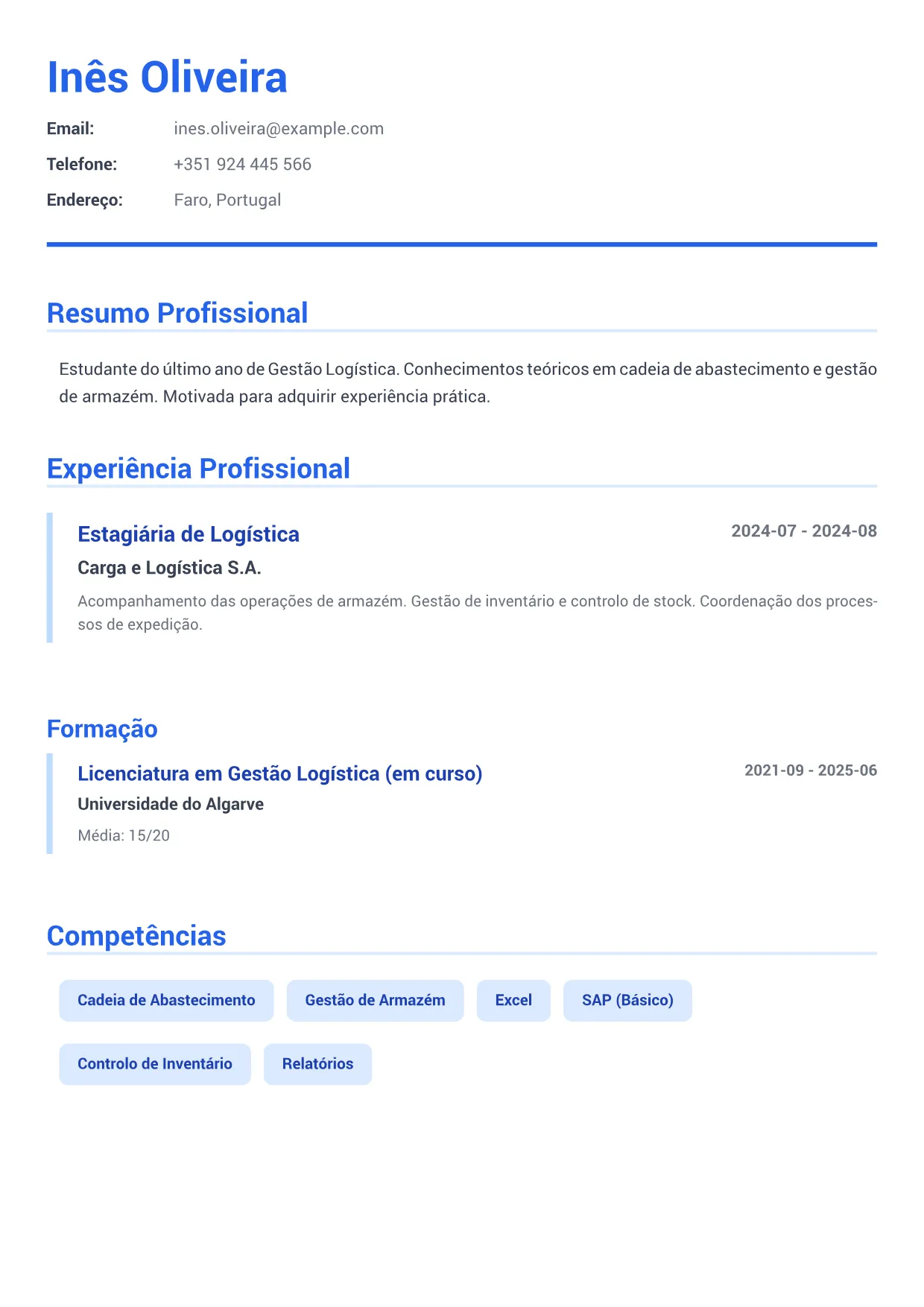 Exemplo de currículo de Estagiária de Logística – Azul Executivo (1/2)