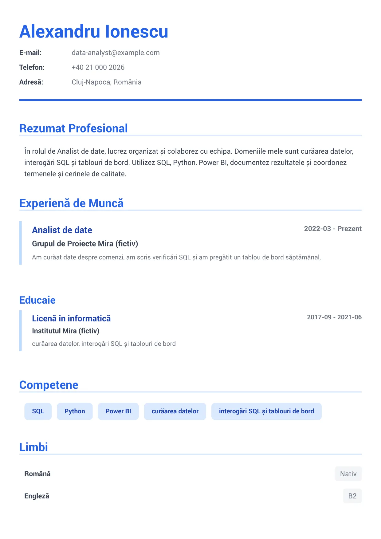 Exemplu de CV Analist de date – Albastru Executiv (1/1)