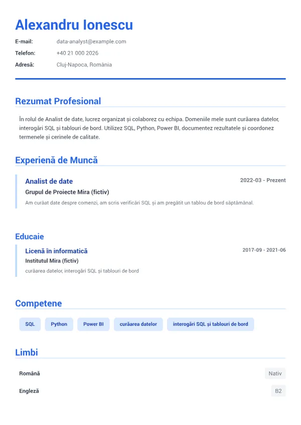 Analist de date CV – Albastru Executiv