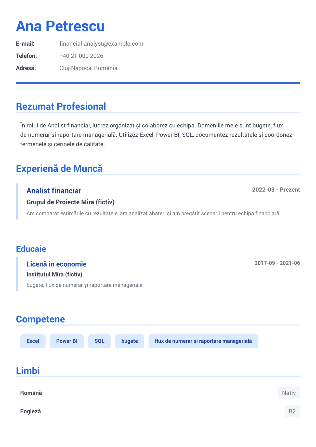 Exemplu de CV Analist financiar – Albastru Executiv (1/1)