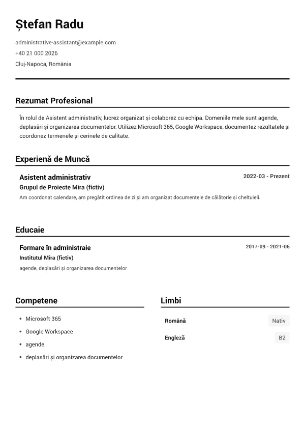 Asistent administrativ CV – Alb-Negru Clar