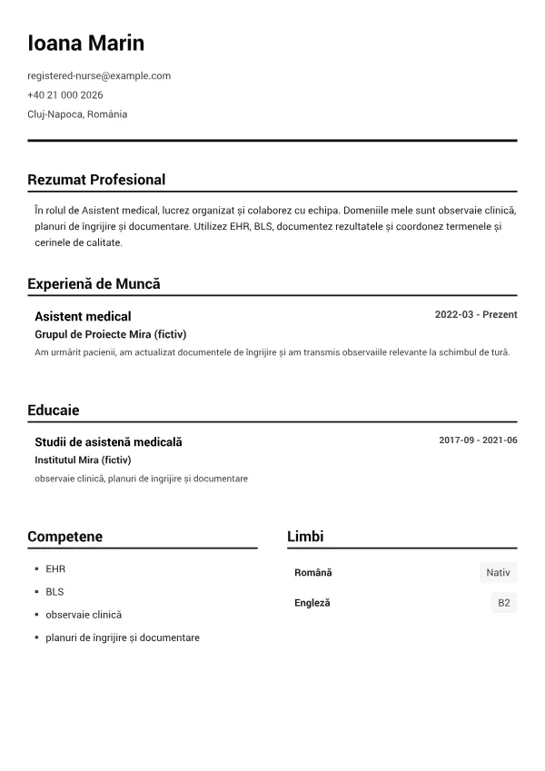 Asistent medical CV – Alb-Negru Clar