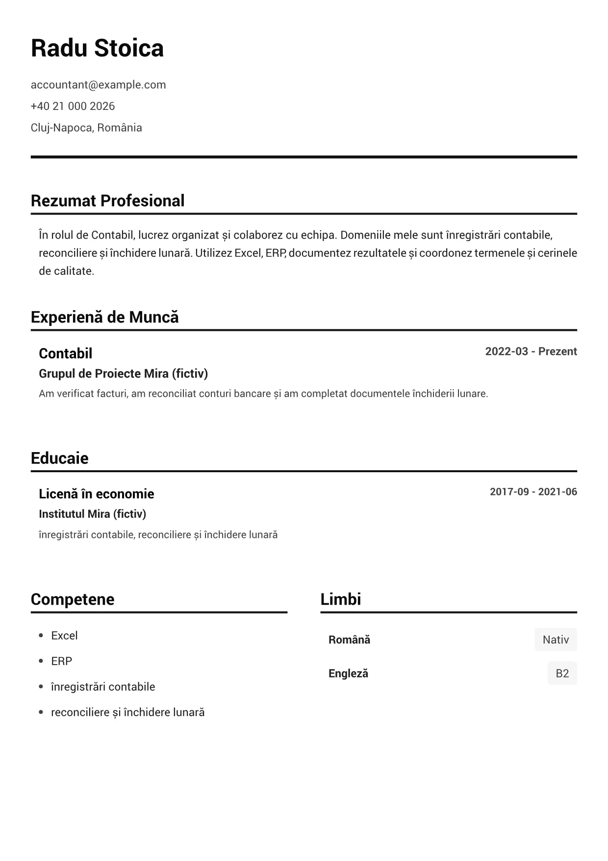 Exemplu de CV Contabil – Alb-Negru Clar (1/1)