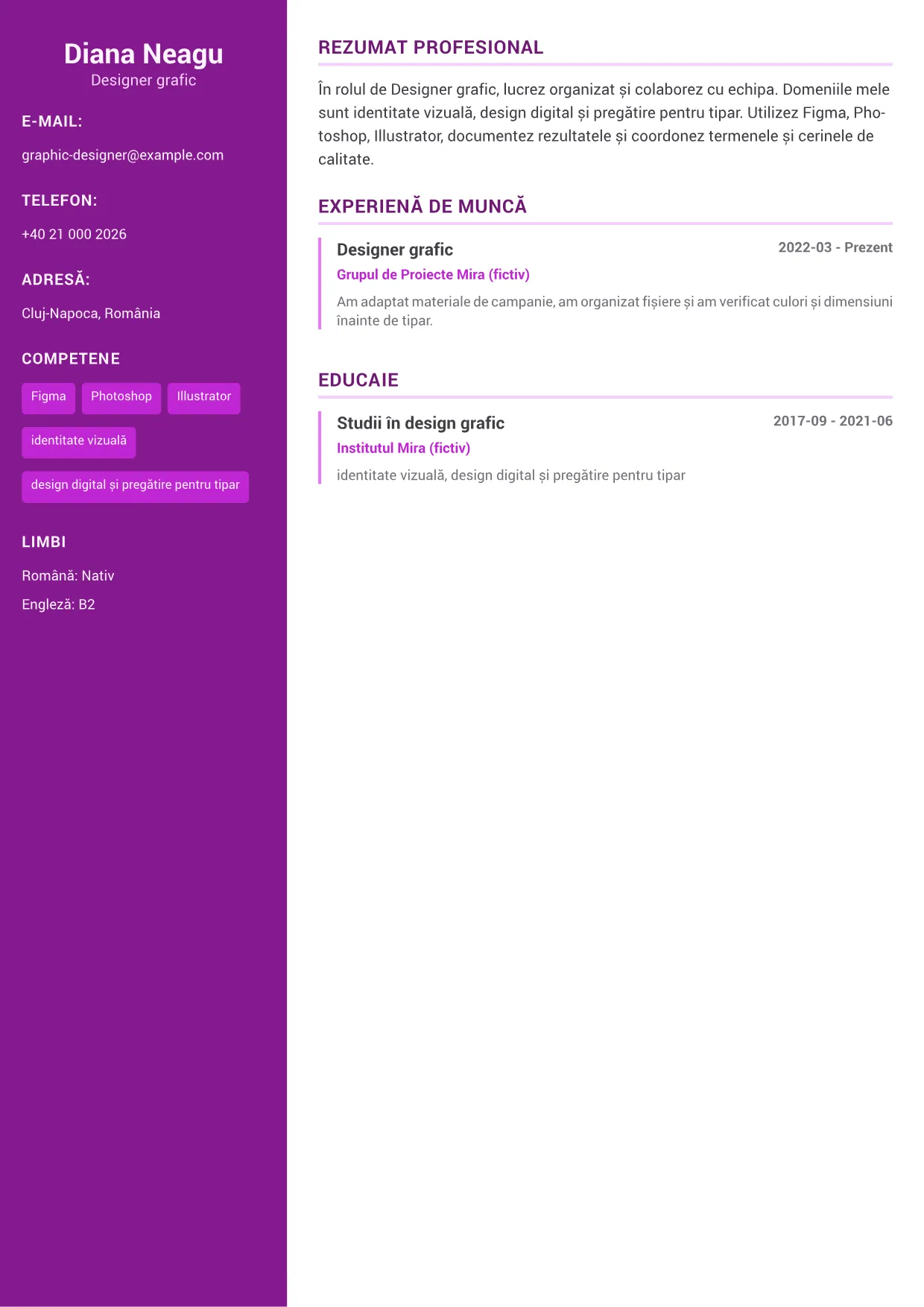 Exemplu de CV Designer grafic – Accent Creativ (1/1)