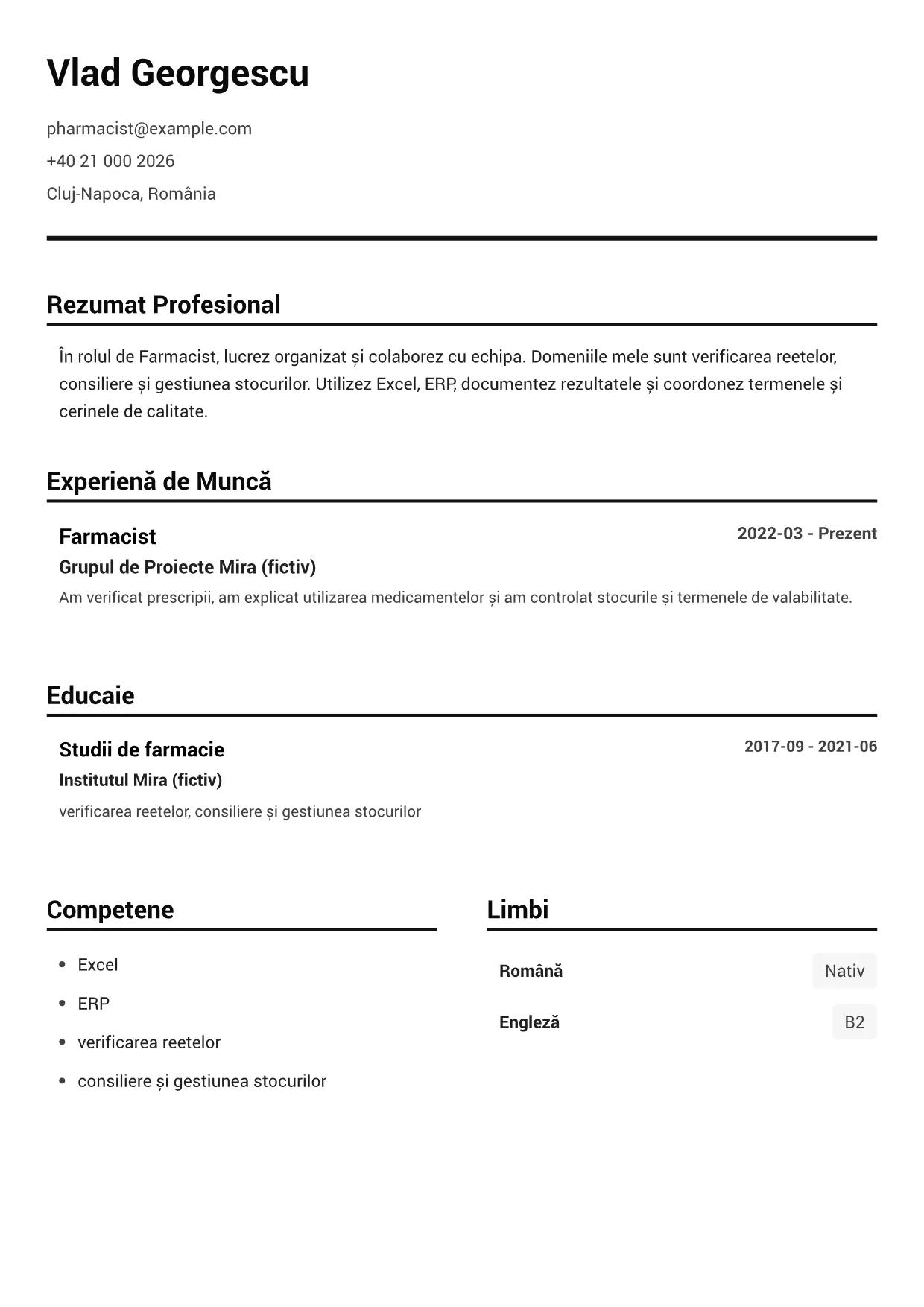 Exemplu de CV Farmacist – Alb-Negru Clar (1/1)