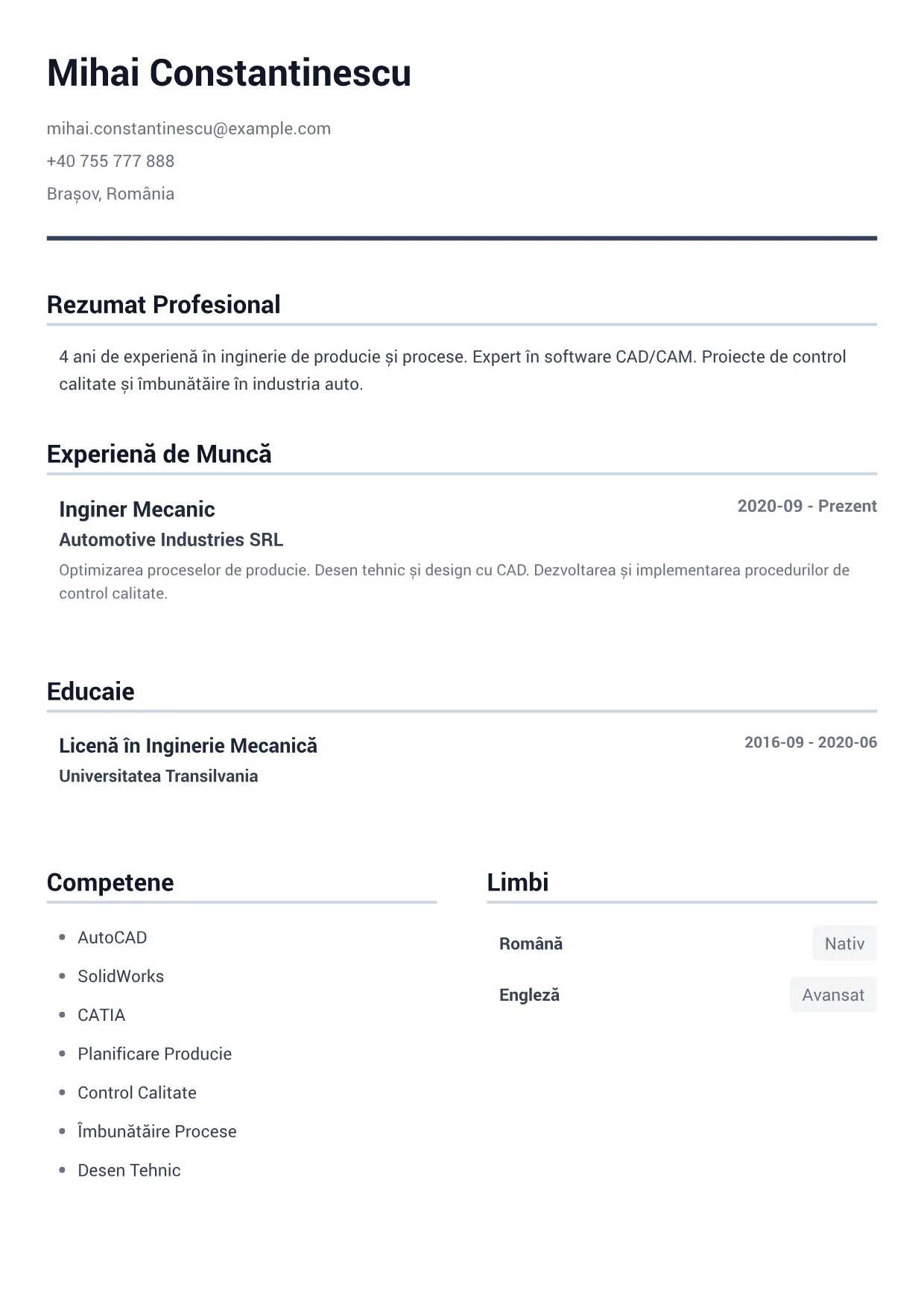 Exemplu de CV Inginer Mecanic – Gri Minimal (1/1)