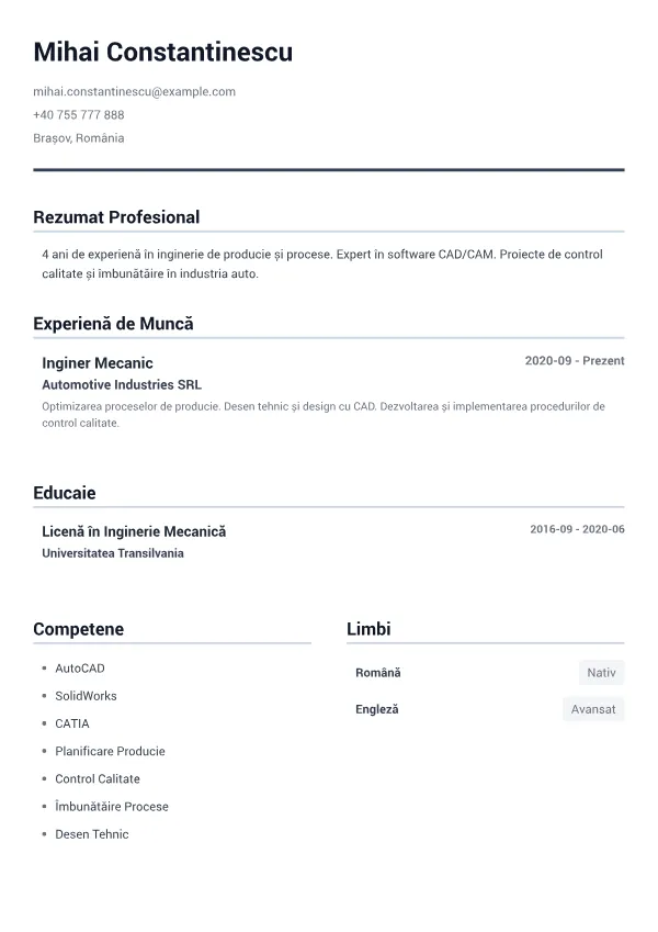 Inginer Mecanic CV – Gri Minimal