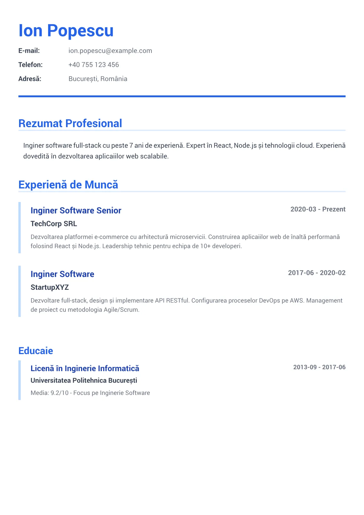 Exemplu de CV Inginer Software – Albastru Executiv (1/2)