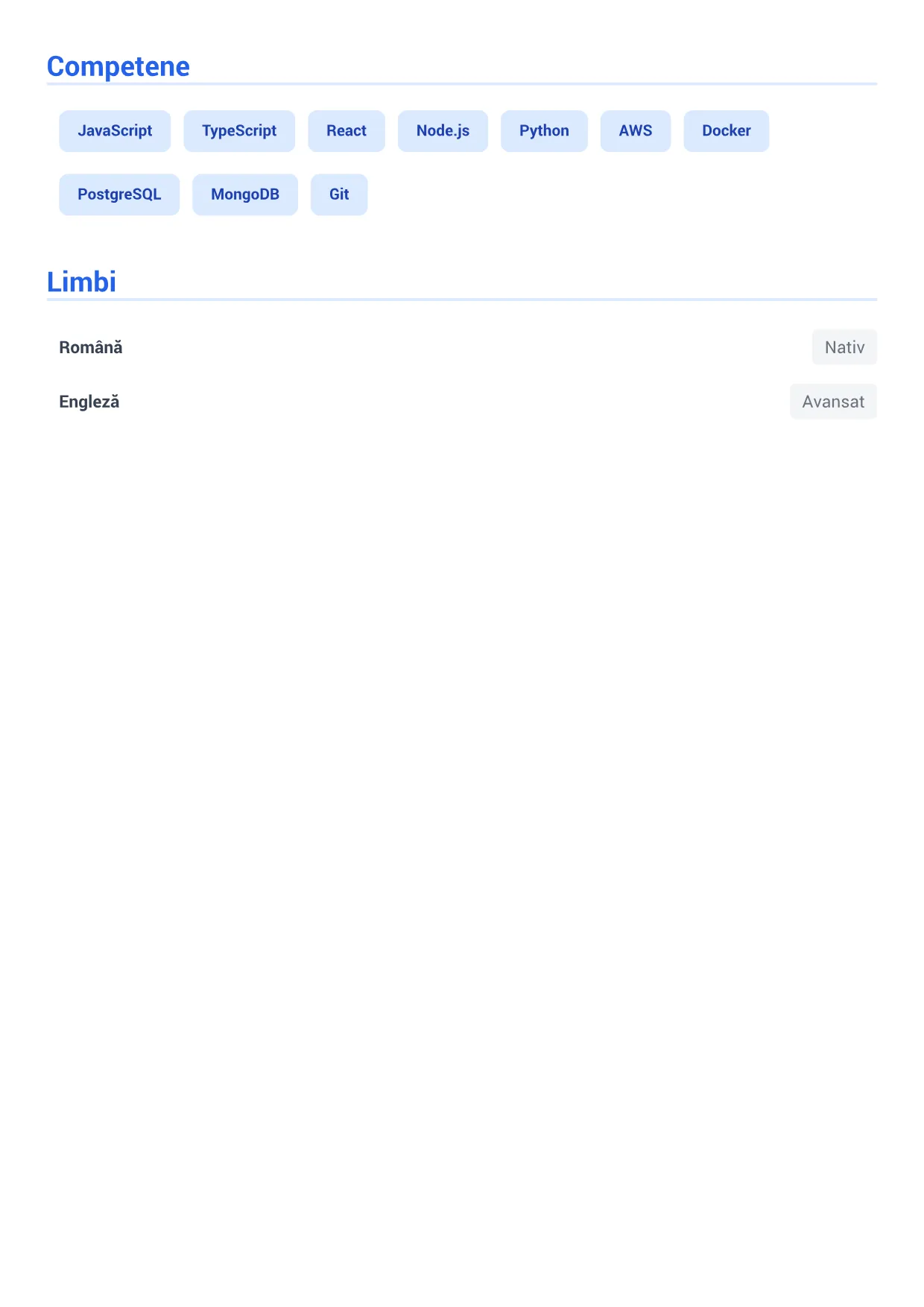 Exemplu de CV Inginer Software – Albastru Executiv (2/2)
