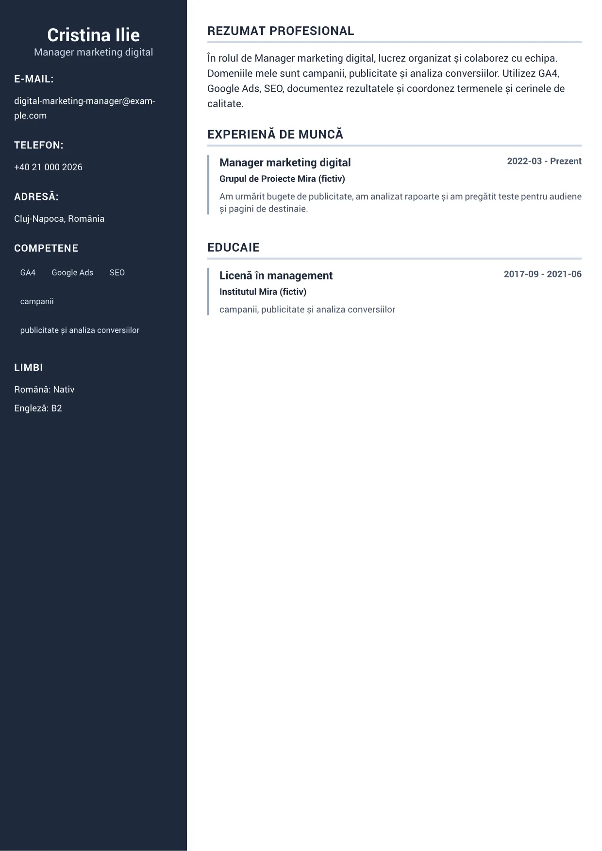 Exemplu de CV Manager marketing digital – Sidebar Profesional (1/1)