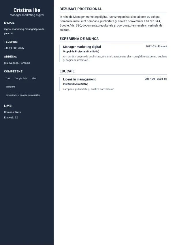 Manager marketing digital CV – Sidebar Profesional