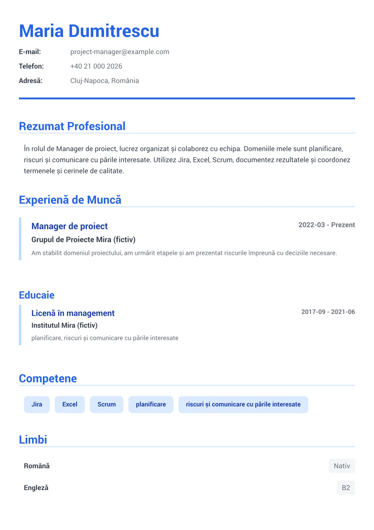 Exemplu de CV Manager de proiect – Albastru Executiv (1/1)