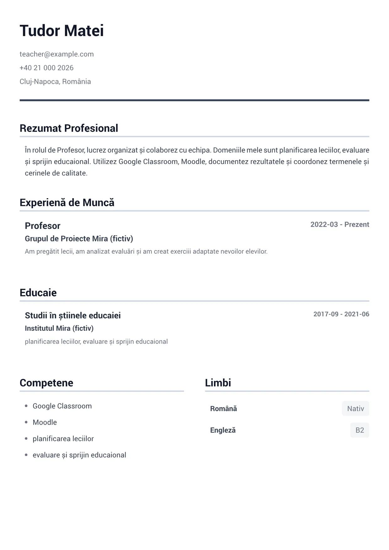 Exemplu de CV Profesor – Gri Minimal (1/1)