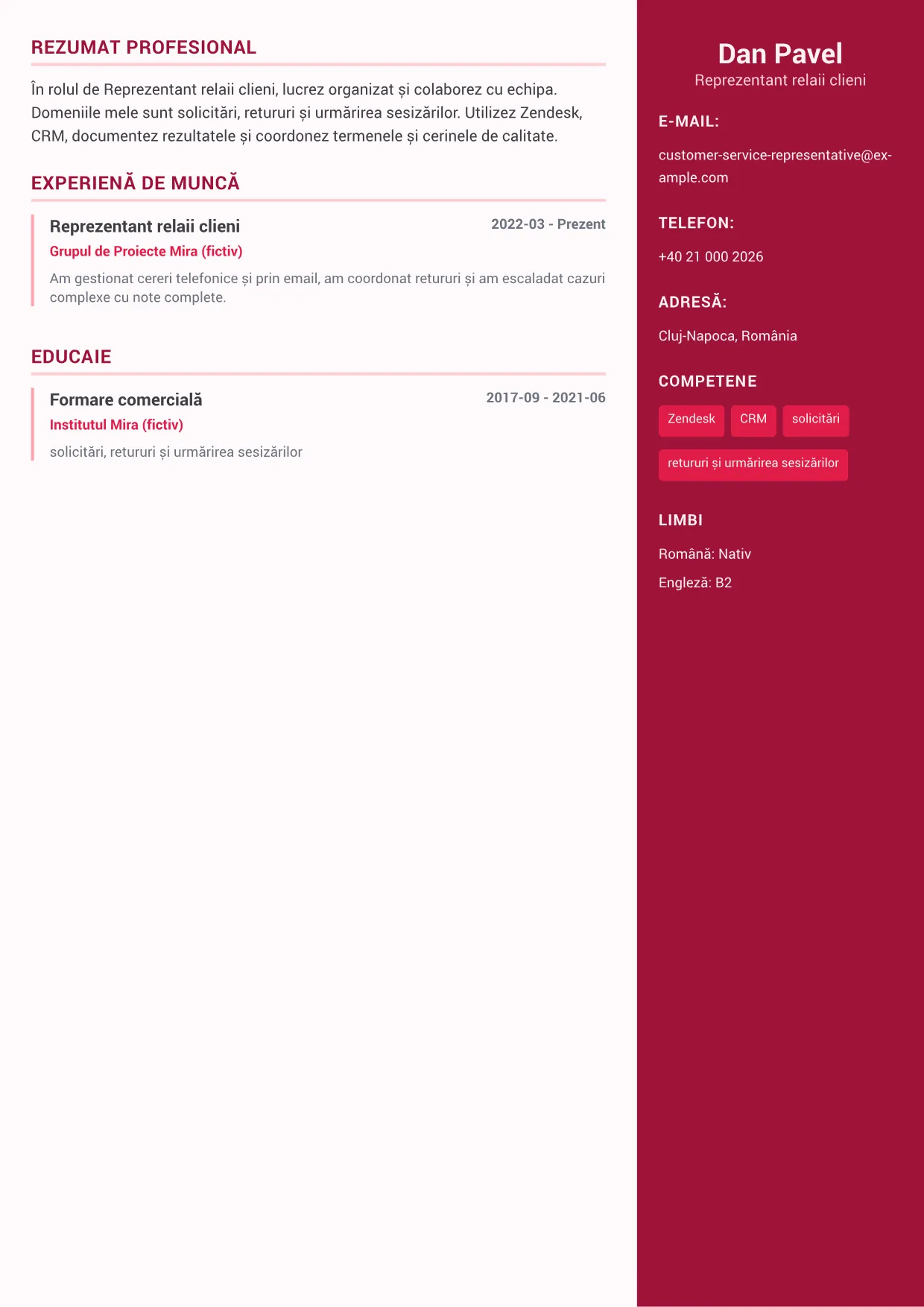 Exemplu de CV Reprezentant relații clienți – Sidebar Color Plus (1/1)