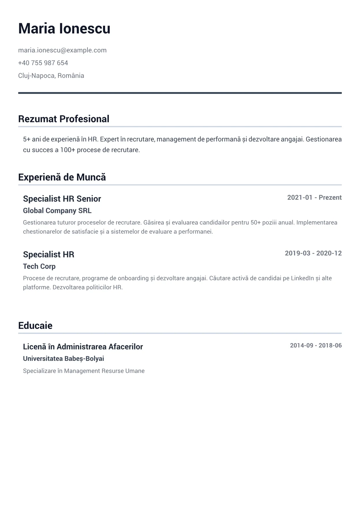 Exemplu de CV Specialist Resurse Umane – Gri Minimal (1/2)