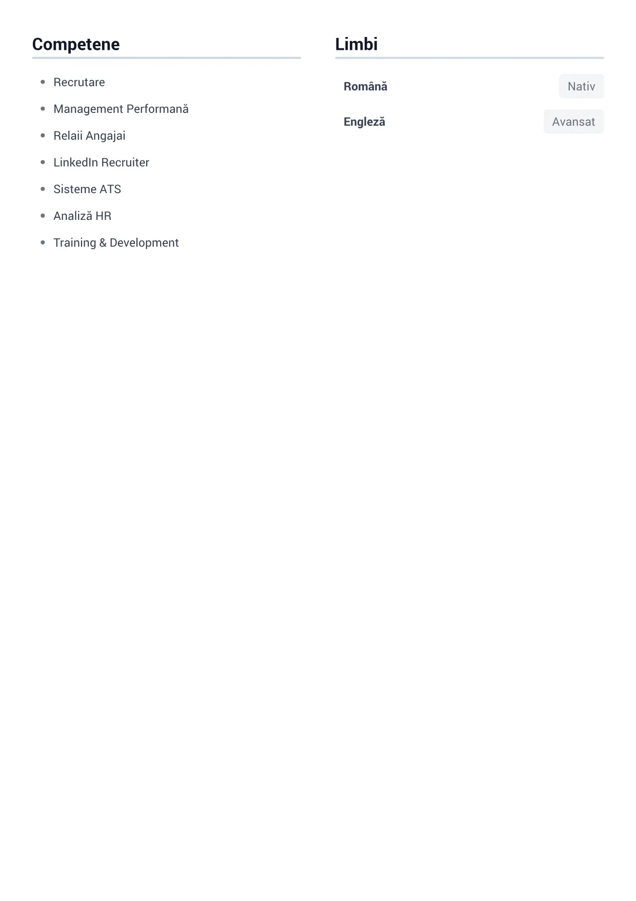 Exemplu de CV Specialist Resurse Umane – Gri Minimal (2/2)