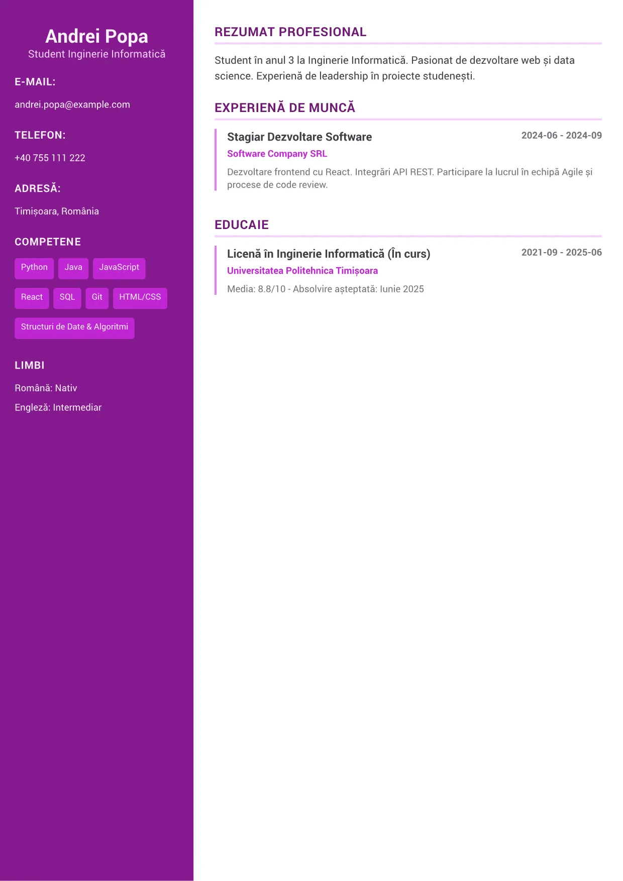 Exemplu de CV Stagiar Inginer – Accent Creativ (1/1)