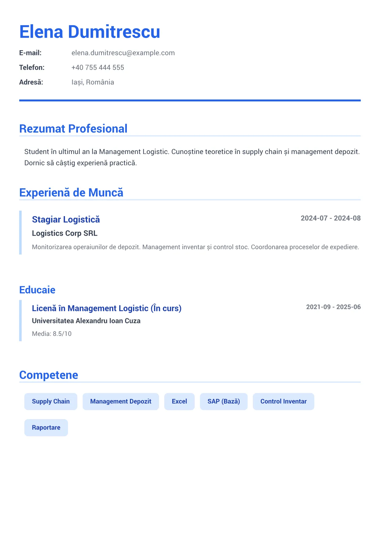 Exemplu de CV Stagiar Logistică – Albastru Executiv (1/2)