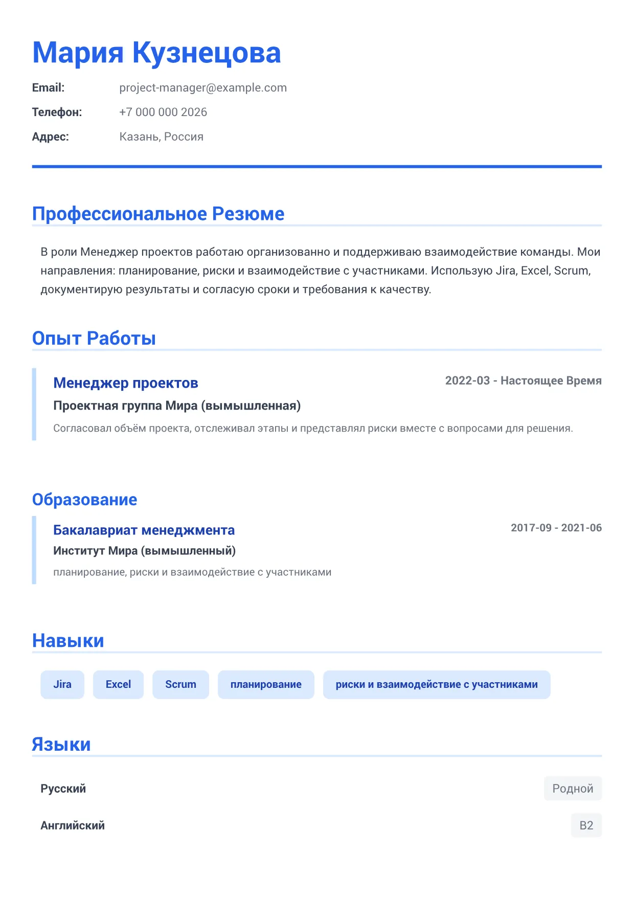 Пример резюме: Менеджер проектов – Деловой Синий (1/1)