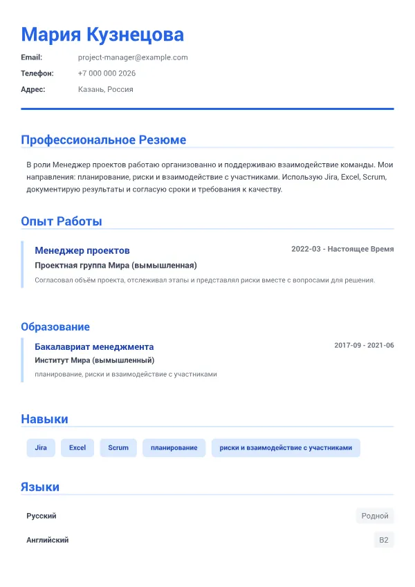 Менеджер проектов CV – Деловой Синий