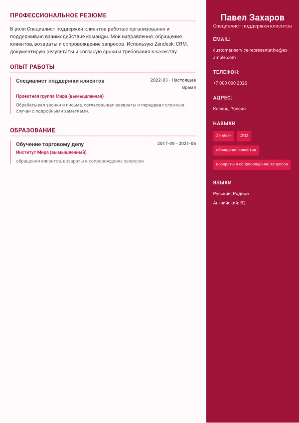 Специалист поддержки клиентов CV – Цветной Sidebar Plus