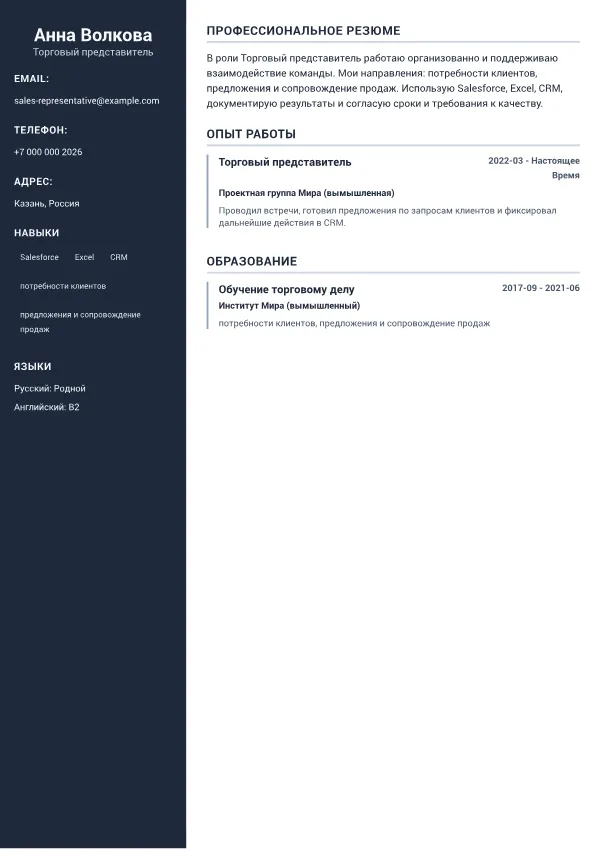 Торговый представитель CV – Профессиональный Sidebar