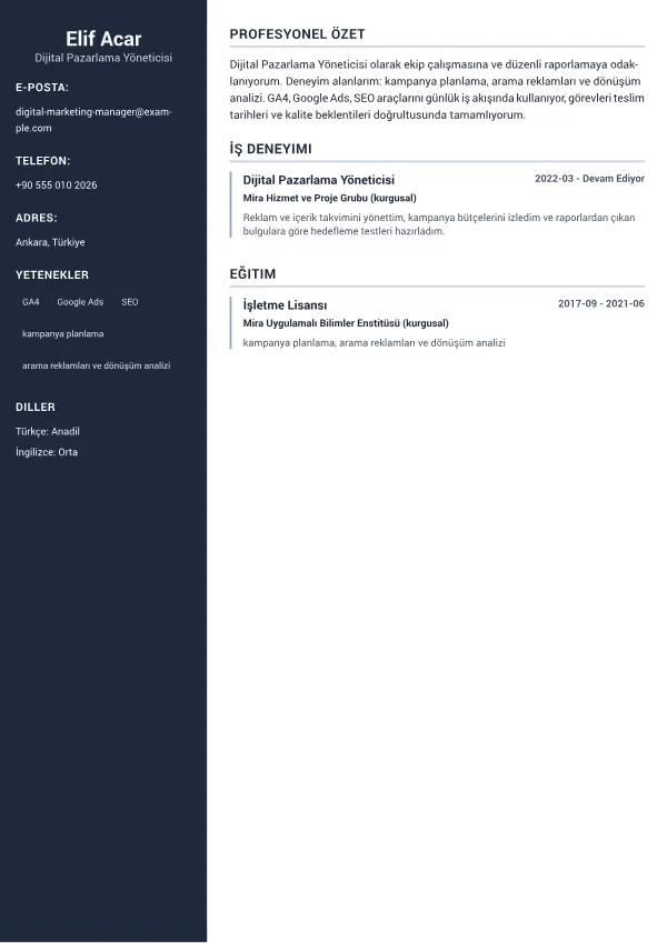 Dijital Pazarlama Yöneticisi CV – Profesyonel Sidebar